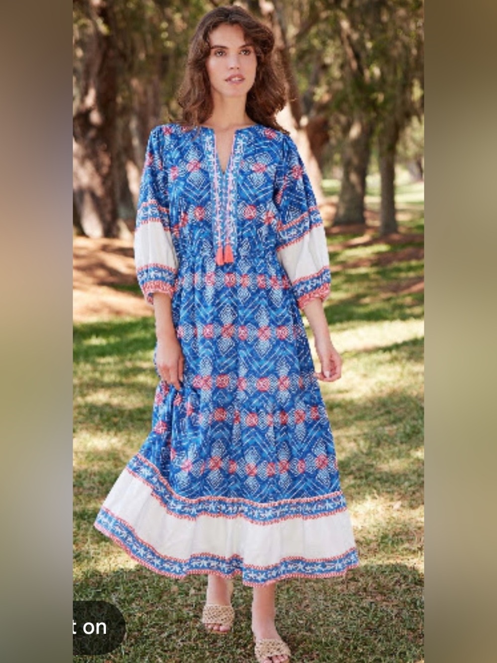 Hatley Celine Maxi Dress diamond shibori print blue coral white border SZ Small